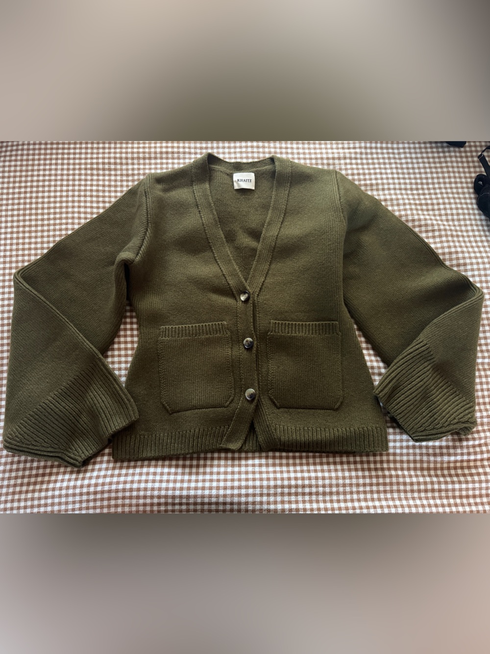 KHAITE Olive Green Knit Button-Front Cardigan
